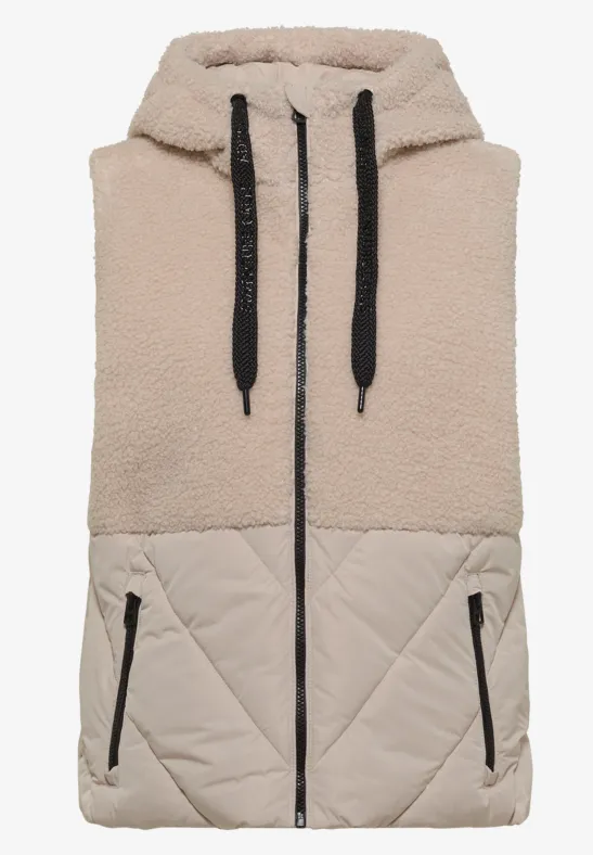 Veste sans manches à capuche en polaire teddy avec partie inférieure matelassée, fermeture zippée et poches