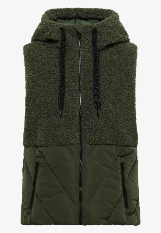 Doudoune sans manches kaki avec haut en sherpa et bas matelassé, capuche et fermeture zippée.