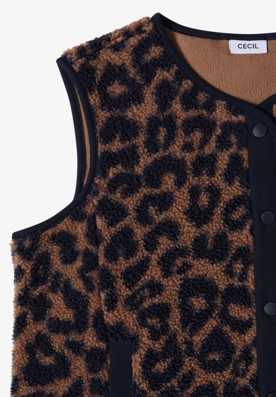 Ärmellose Strickweste mit Leopardmuster in Braun-Schwarz und schwarzen Knöpfen.