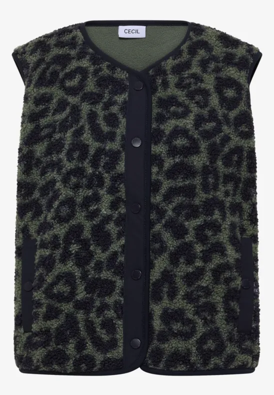 Grüner, flauschiger Cardigan mit schwarzem Leopardenmuster und Knopfleiste.