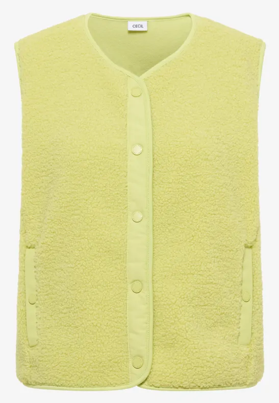 Weiche gelbe Fleece-Weste mit Knopfleiste und seitlichen Taschen.