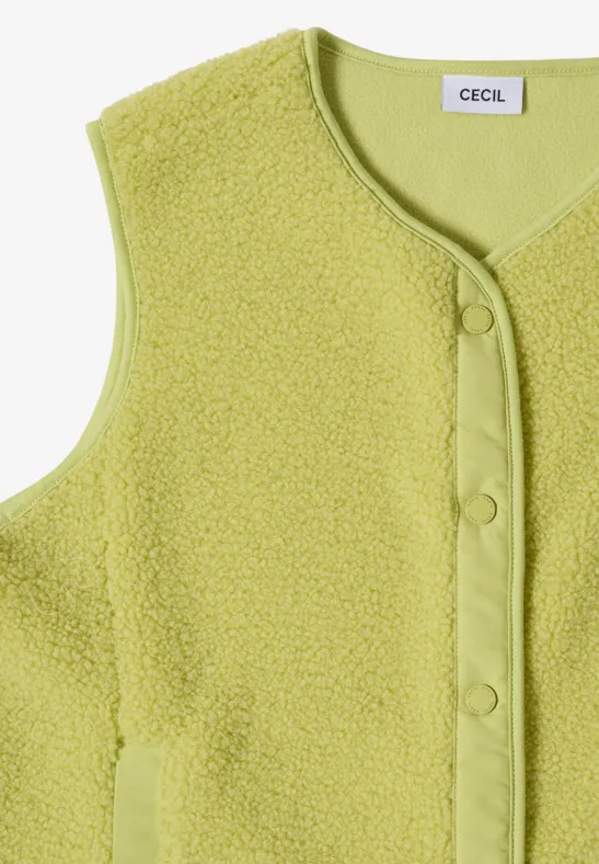 Ärmellose Teddy-Fleece-Weste in limonengrün mit Knopfleiste und V-Ausschnitt