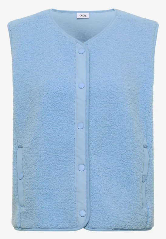 Hellblaue, ärmellose Fleece-Weste mit Knopfverschluss und V-Ausschnitt.