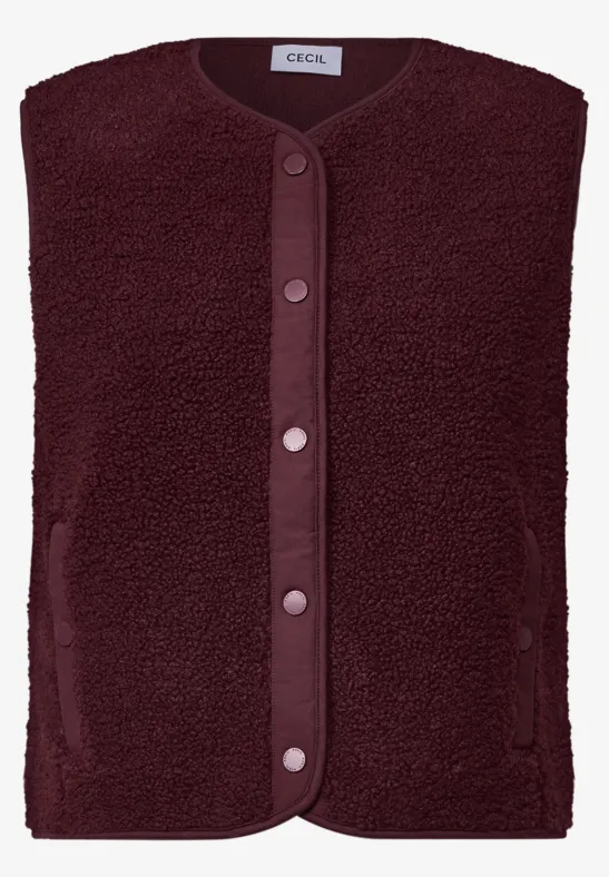 Ärmellose Fleece-Weste in Dunkelrot mit Knopfleiste und seitlichen Taschen.