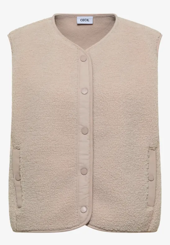 Beige, ärmellose Teddy-Fleece-Weste mit Knopfleiste und Taschen.