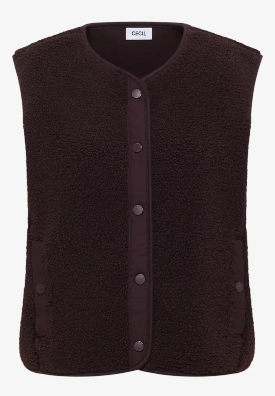 Dunkelbraune Teddyfleece-Weste mit Knopfleiste, ohne Ärmel, schlicht und warm.