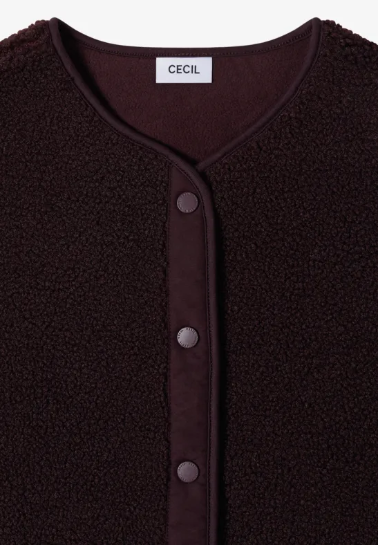Dunkelbraune Fleece-Strickjacke mit Rundhalsausschnitt und Knopfleiste, Label 'CECIL' am Kragen.