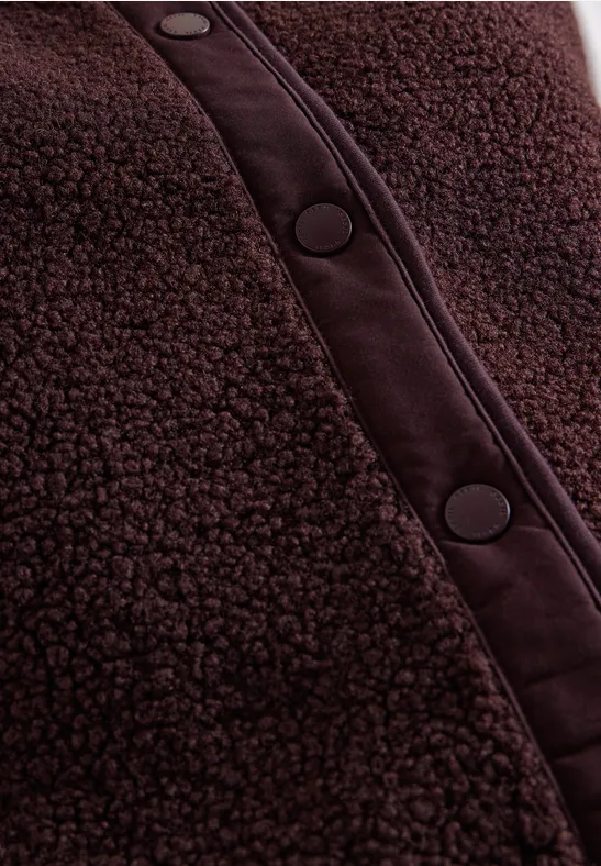 Dunkelbraune Teddy-Fleecejacke mit Knopfleiste, weiches, flauschiges Material