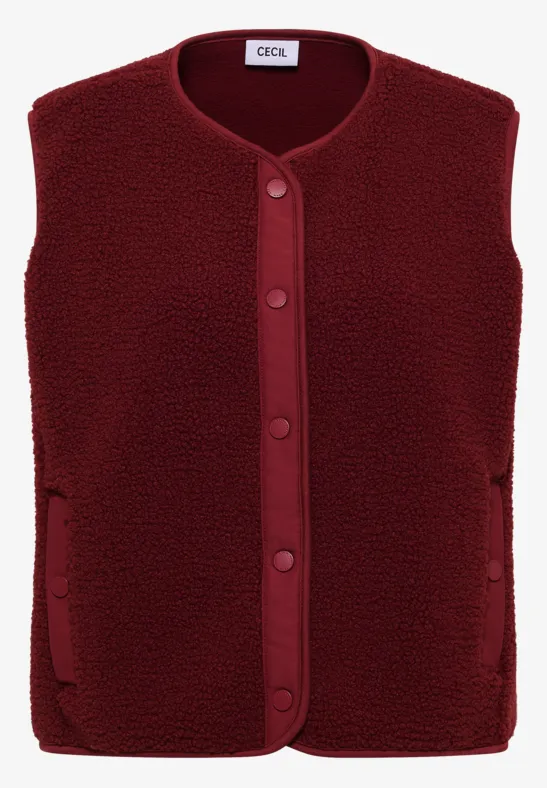 Ärmellose, dunkelrote Teddy-Fleece-Weste mit Knöpfen und seitlichen Taschen.