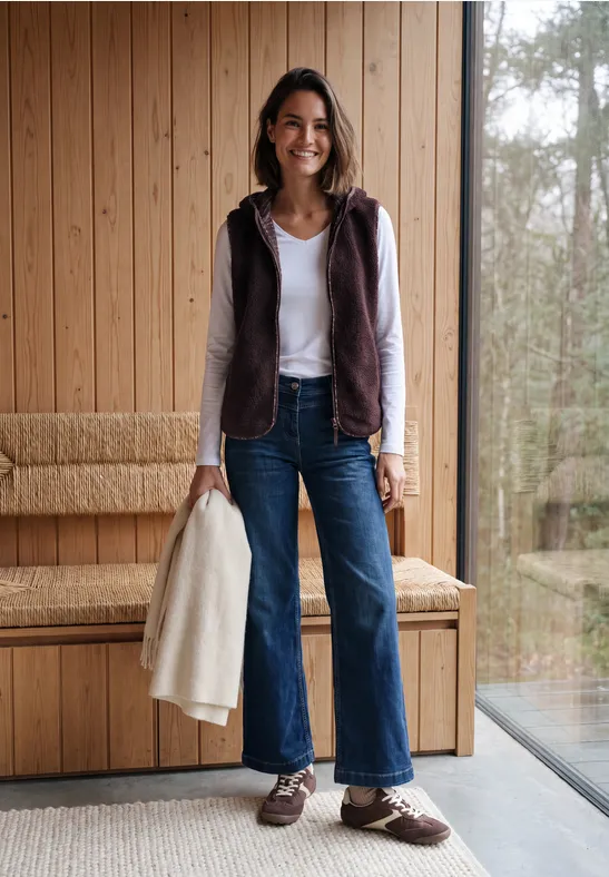 Eine Frau steht lächelnd in einem Raum, trägt Jeans, weiße Bluse, braune Weste und hält eine Jacke.