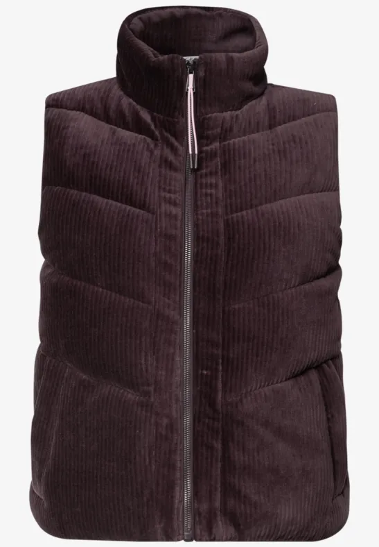 Donkerpaarse corduroy bodywarmer met hoge kraag, rits en gewatteerde vulling, mouwloos.