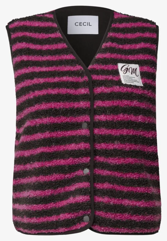 Ärmellose, flauschig gestreifte Weste in Pink und Schwarz mit CECIL-Label am Kragen und Aufnäher.