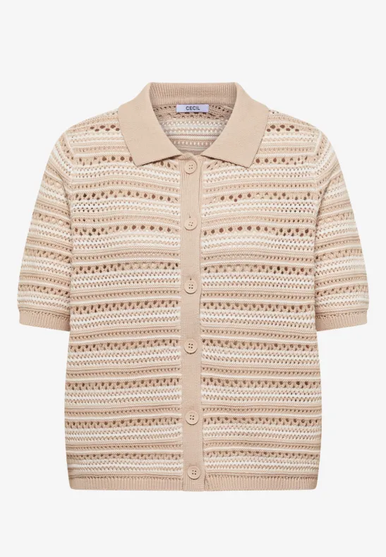 Beige kurzärmliges Strickpolo mit Knopfleiste und zarten Lochstrick-Mustern.