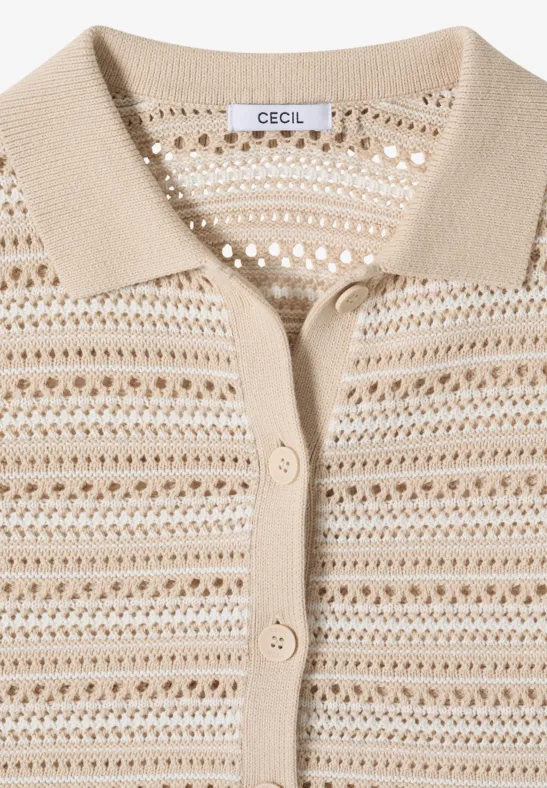 Beige gehäkeltes Damen-Poloshirt mit Kragen und Knöpfen