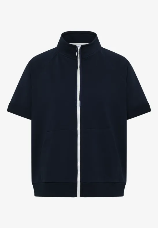 Dunkelblaue Kurzarmjacke mit Reißverschluss, Stehkragen und Seitentaschen