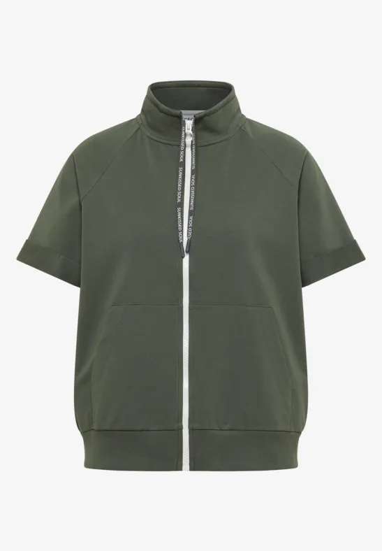 Dunkelgrünes, kurzärmeliges Sweatshirt mit Stehkragen und weißem Reißverschluss