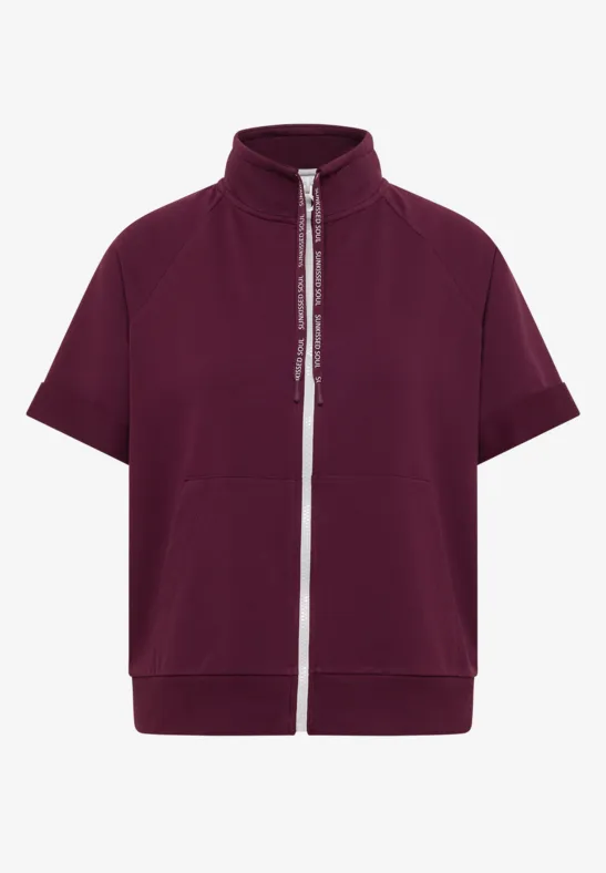 Kurze weinrote Jacke mit Stehkragen, Reißverschluss und überschnittenen Ärmeln