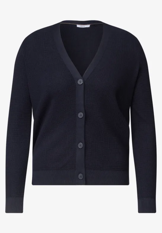 Dunkelblaue Strickjacke mit V-Ausschnitt und Knopfleiste, schlichtes Design