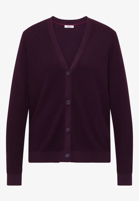 Dunkelviolette Strickjacke mit V-Ausschnitt und Knopfleiste.