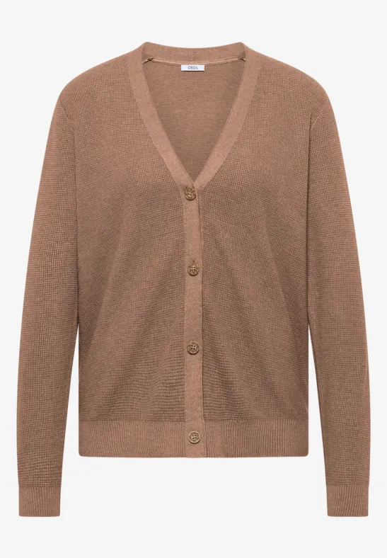 Braune Damenstrickjacke mit V-Ausschnitt und Knopfleiste.