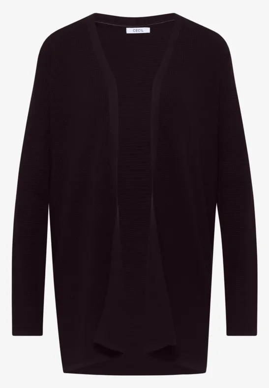Schwarzer, langärmiger, offener Damen-Cardigan aus fließendem, weichem Stoff.