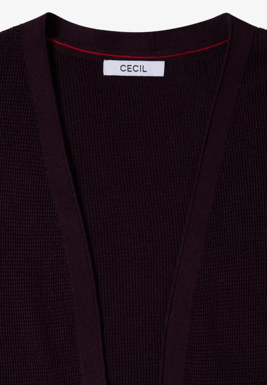 Dunkelvioletter, gerippter Strickcardigan mit offenem Vorderteil und CECIL-Label im Nacken.