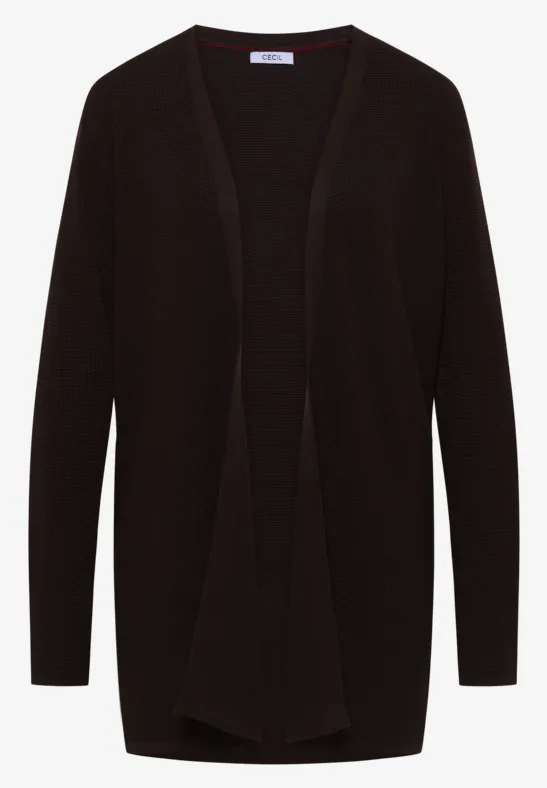 Schwarzer offener Cardigan mit langen Ärmeln.