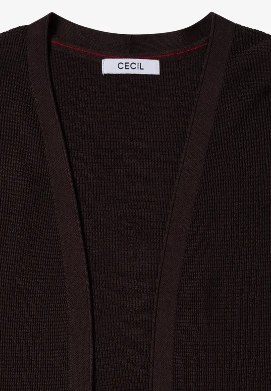 Dunkelbrauner Strick-Cardigan mit CECIL-Etikett, offen und schlicht.
