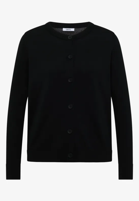 Schwarze, schlichte Strickjacke mit Knopfleiste und langen Ärmeln.