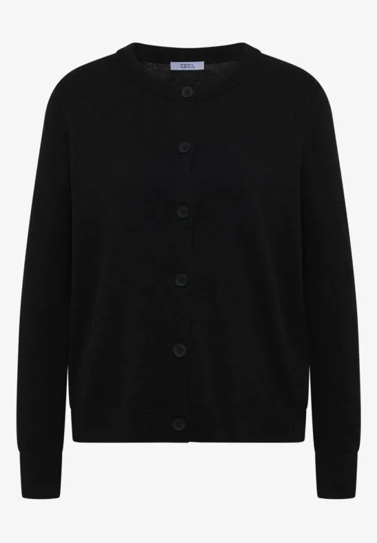 Schlichter schwarzer Cardigan mit Rundhalsausschnitt und Knopfleiste.