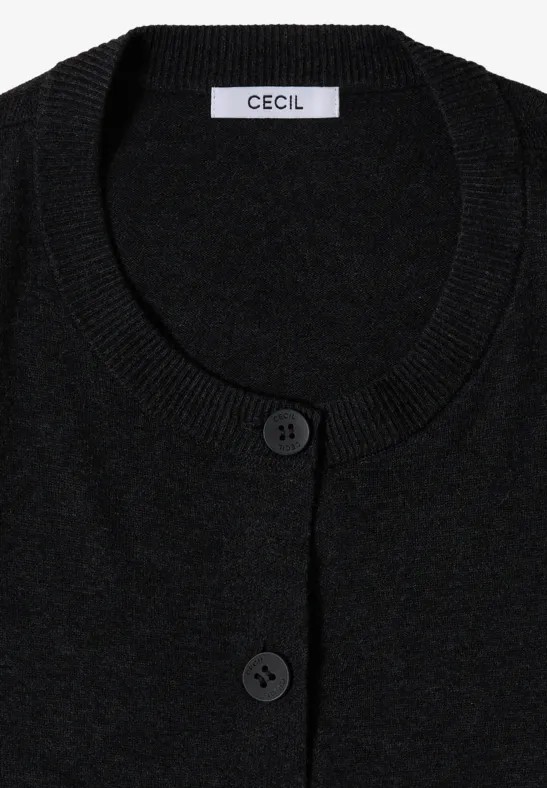 Schwarze Strickjacke mit Rundhalsausschnitt, zwei Knöpfen und 'Cecil'-Label.