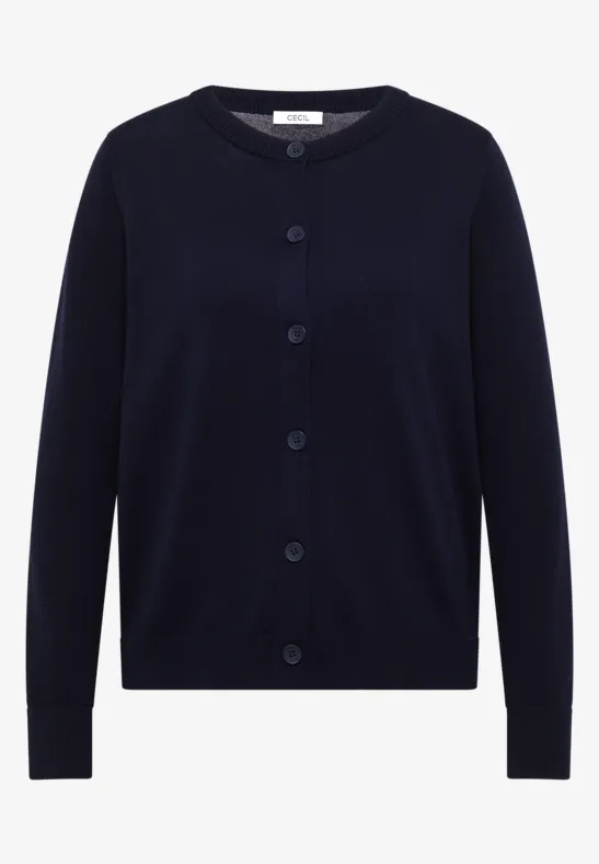 Dunkelblauer, klassischer Strick-Cardigan mit Rundhalsausschnitt und Knopfleiste.