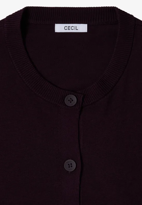 Schwarze Strickjacke mit Rundhalsausschnitt, zwei Knöpfen und CECIL-Label.