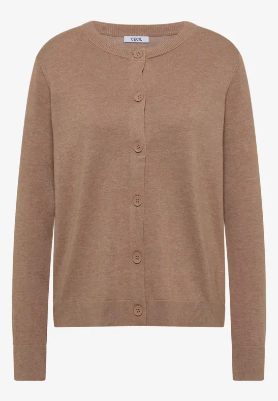 Brauner Damen-Strick-Cardigan mit Knopfleiste und Rundhalsausschnitt.