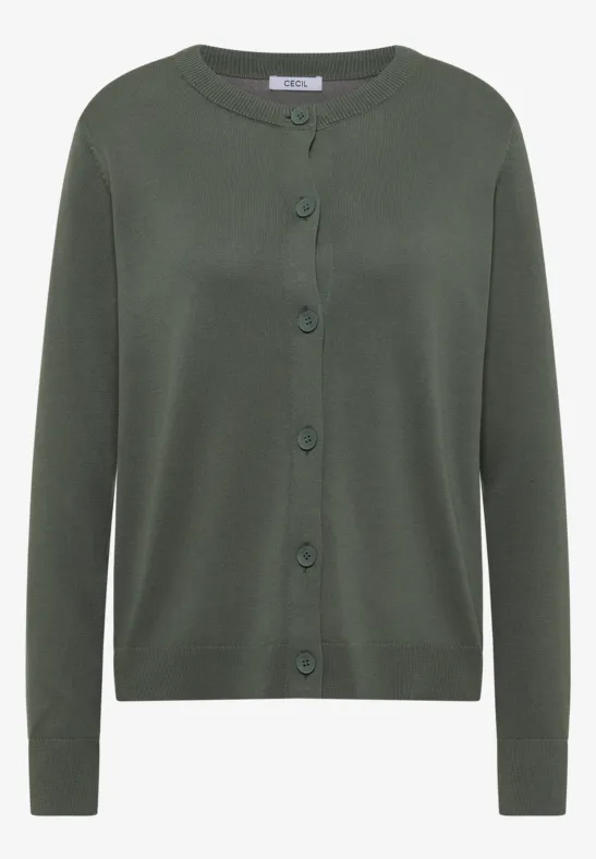 Grüner, langärmliger Cardigan mit Rundhalsausschnitt und Knopfleiste vorne.