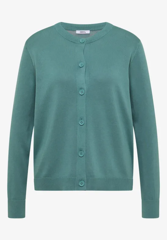 Schlichter smaragdgrüner Damen-Cardigan mit Rundhalsausschnitt und Knopfleiste.