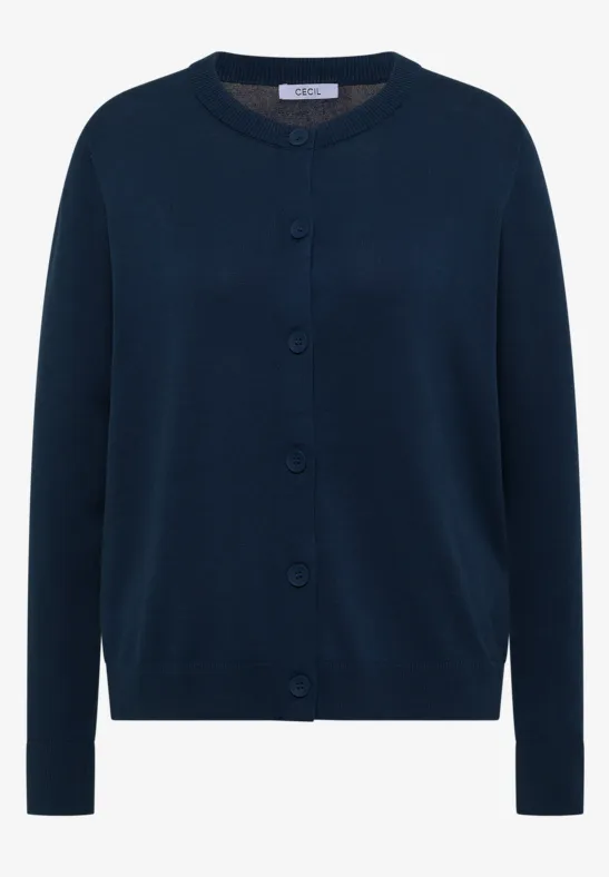Dunkelblauer Damen-Cardigan mit Knopfleiste, Rundhalsausschnitt und langen Ärmeln.