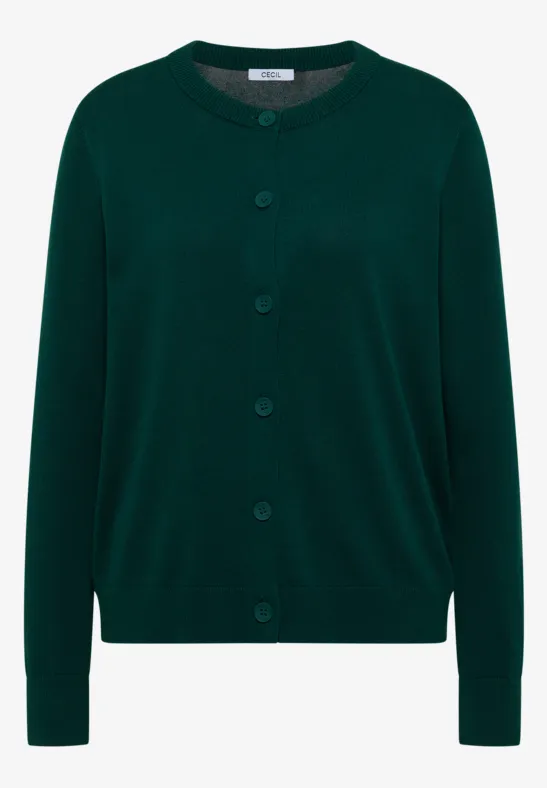 Dunkelgrüner Strickcardigan mit Knopfleiste und Rundhalsausschnitt.