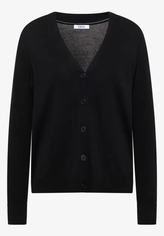 Schlichter schwarzer Strickcardigan mit V-Ausschnitt, langen Ärmeln und Knopfleiste.