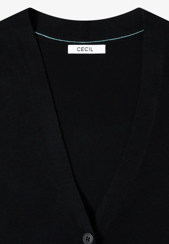 Schwarze V-förmige Strickjacke mit Knopfleiste und CECIL-Label im Nackenbereich.