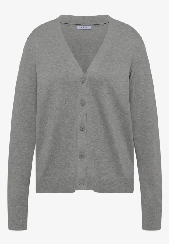 Graue Damenstrickjacke mit V-Ausschnitt, Knopfleiste und langen Ärmeln