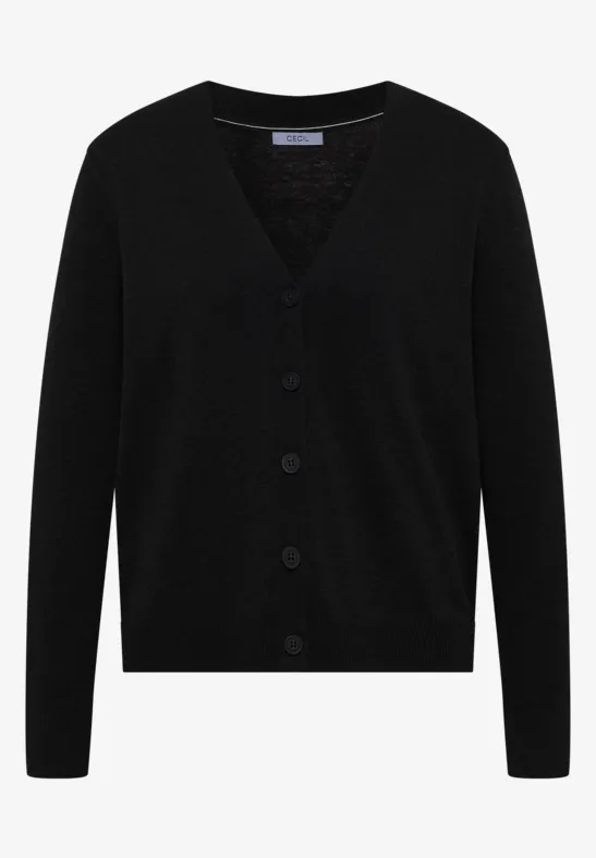Schwarzer Cardigan mit V-Ausschnitt und Knopfleiste, schlichte, klassische Strickjacke.