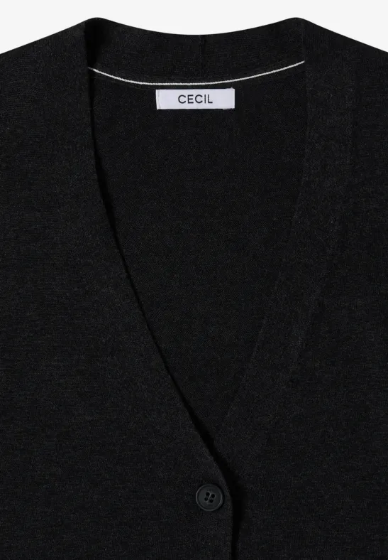 Schwarze Strickjacke mit V-Ausschnitt und Knopfleiste, Markenlabel 'Cecil' im Nacken.