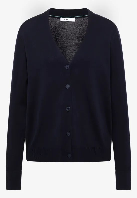 Dunkelblaue Strickjacke mit V-Ausschnitt und Knopfleiste, langärmelig und schlicht geschnitten.