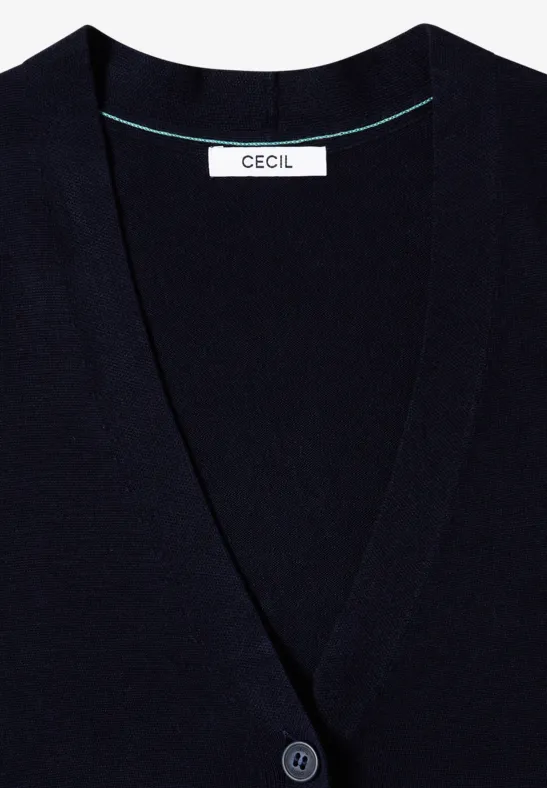 Schwarze Damenstrickjacke von CECIL mit V-Ausschnitt und Knopfverschluss.