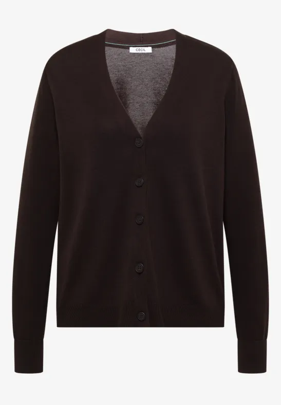 Schwarzer Strick-Cardigan mit V-Ausschnitt, durchgehender Knopfleiste und langen Ärmeln.