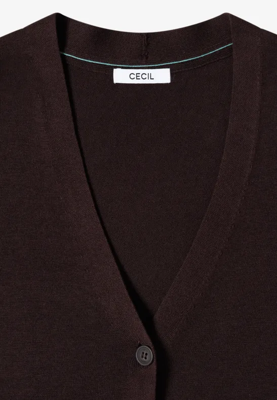 Dunkelbraune, einreihige Strickjacke mit V-Ausschnitt und Knopfverschluss der Marke CECIL.