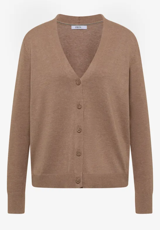 Beige-braune Damen-Cardigan mit V-Ausschnitt, Knopfleiste und langen Ärmeln.