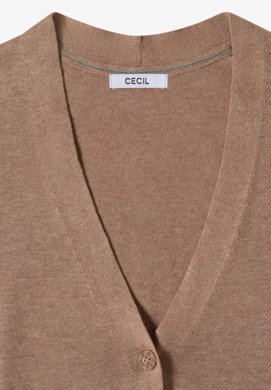 Brauner V-Ausschnitt-Cardigan mit Knöpfen und CECIL-Label.