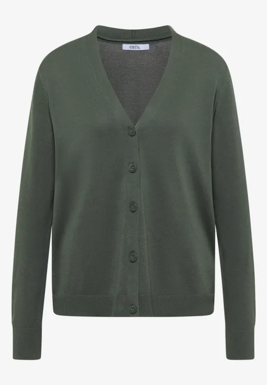 Groen gebreid vest met V-hals, knoopsluiting en lange mouwen.
